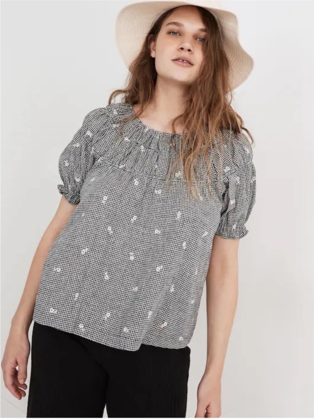 Madewell Black-and-White Gingham Smocked Puff-Sleeve Blouse